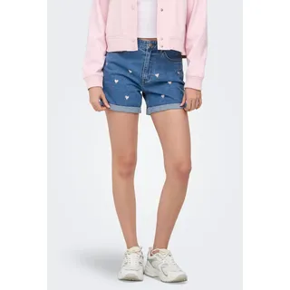 Jeansshorts ONLY "ONLVEGA HW EMBROIDERY DNM SHORTS GUANOOS", Damen, Gr. M (38), N-Gr, medium blau denim, Denim/Jeans, Obermaterial: 100% Baumwolle, bestickt, unifarben, kurz, Jeans Jeansshorts, Baumwolle, High Waist
