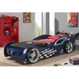 Vipack Autobett »Gran Tourismo, 90/200, MDF glänzend lackiert, mit Applikationen« B/H/T ca. 229x60x110cm, Räder mit Felgen-Optik feststehend, inkl. Lattenrost und Heckflügel, ein Highlight, blau