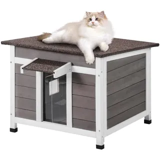 Vevor Katzenhaus wetterfest, Katzenhütte für mehrere Katzen, Katzenbox aus Holz für draußen mit Fenster, offenem Dach und Türklappen aus PVC, 600 x 530 x 465 mm