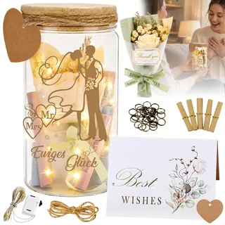 Idota Hochzeitsgeschenke für Brautpaar Ewiges Glück Geldgeschenke Hochzeit | LED Flaschenlicht Spardose und Frisch Verliebte mit Trockenblumen Anhänger & Grußkarte