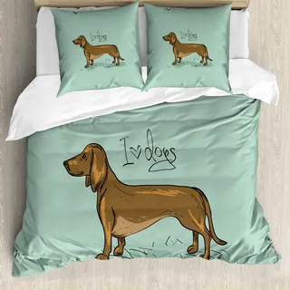 ABAKUHAUS Dackel Bettbezugs Set Für Doppelbetten, Niedliche Minimal Rassehund, Milbensicher Allergiker geeignet mit Kissenbezügen, Türkis Anthrazit grau Kakao - Türkis, Grau, Braun