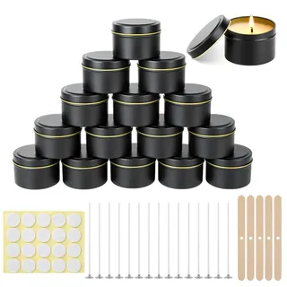 HOCUCHELAND 15 Stück Kerzendosen, 120ml Runde Kerzenbehälter, Kerzenbecher mit Kerzenherstellung Zubehör, Kerzengläser mit Deckel für Kerzen Selber Machen Set, Schmuck, Kosmetik (Schwarz) ﻿