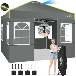 COBIZI Pavillon 3x3 Faltpavillon wasserdicht Winterfest, EIN-Tasten-Zentralverriegelung Partyzelt Faltbar Anti-UV mit Fluoreszierenden Streifen, 4 Seitenwänden, 3 Höhenverstellbar,Gartenzelt, Freien