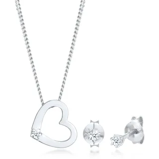 Elli DIAMONDS Ohrring und Ketten Set »Schmuckset Kette Herz Diamant (0.075 ct.) Brillant Ohrstecker 925 Sterling Silber« (), silberfarben