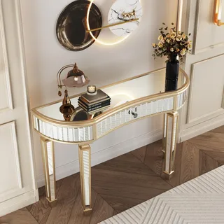 STILVORA Schminktisch 120x38x78 cm Halbmond mit Spiegel & Fluted Glass, Kosmetiktisch mit Kristallknopf-Schublade, Frisiertisch für Wohnzimmer/Schlafzimmer/Eingangsbereich, Gold+Silber - Gold