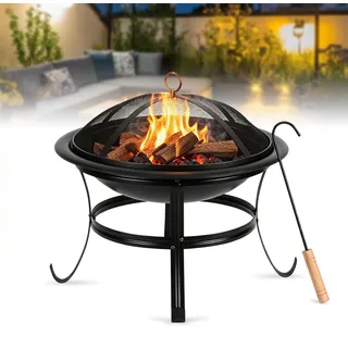 ISOISL Feuerschale Ø 55 cm mit Funkenschutz, Grillrost und Schürhaken, Outdoor Feuerstelle aus Eisen für Garten und Terrasse, Schwarz