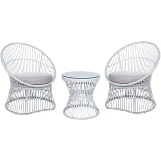 Beliani Balkonset Weiß Rattan 3-teilig 2 Sessel mit Couchtisch Auflagen Beige Boho Outdoor Indoor Garten Terrasse Balkon Wohnzimmer Schlafzimmer - Naturmaterialen , Gartenmöbel, Gartengarnituren, Balkonmöbel-Sets