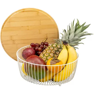 eluno Obstkorb mit Bambusdeckel, weiß, rund , Weiß , Metall , 12.5 cm , Geschirr, Schalen & Schüsseln, Obstschalen