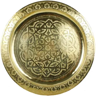 Karam Marokkanisches Serviertablett Rund Ø 50 cm aus Messing | Orientalisches Teetablett in der Farbe Gold | Echtes Kunsthandwerk aus Marrakesch | Tablett für Kreative Dekoration Idee | TA6051