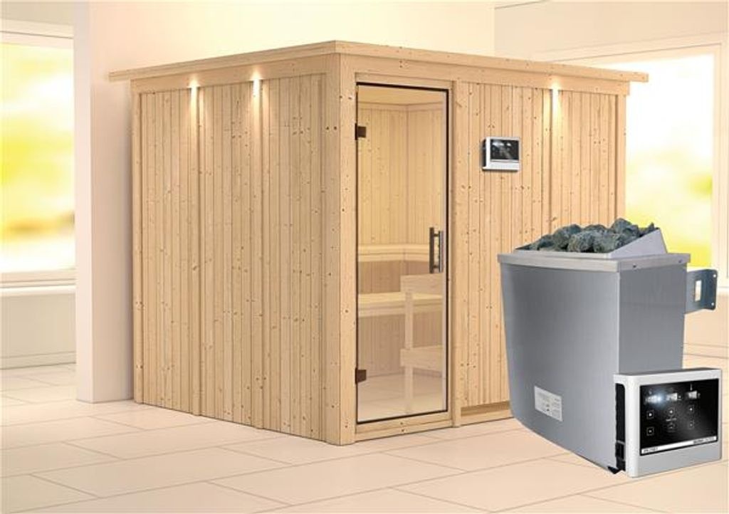 Bild von Sauna Gobin 68mm Dachkranz Saunaofen 9kW extern Klarglastür