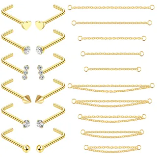 Adramata 12 Stück Nasenstecker 10 Stück Nasenkette Piercing Chirurgenstahl Nasenring mit Nasenkette für Doppel Nasenpiercing 20G Nasenstecker Silber Nasenpiercings für Damen Herren