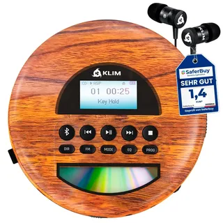 KLIM Nomad Wood – Neuheit – tragbarer CD-Player – integrierter Akku mit langer Lebensdauer – Kopfhörer KLIM Fusion, MP3, TF-Player, tragbares Mini-Radio, Bluetooth – für das Auto