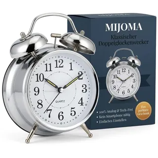 MIJOMA Retro Wecker analog Metall chromfarben Ø10x16cm – Tischuhr mit Doppelglocken, Nachtlicht, Quarz-Uhrwerk, Vintage Glockenwecker, batteriebetrieben