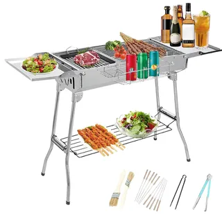 SEHAUSEU Edelstahl BBQ Holzkohlegrill Räuchergrill Faltbar Grill Tragbar Camping zweilagig Klappgrill für Kochen im Freien Camping Wandern Picknick Edelstain