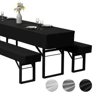 Zdada 3-teilige Bierzeltgarnitur Auflage, Enthält 2 Bierbank Hussen und 1 Biertisch Husse aus Polyestermaterial, Waschbar und Fixierbar Bierzeltgarnitur Hussen für Bankette im Freien(Schwarz 220x70cm)