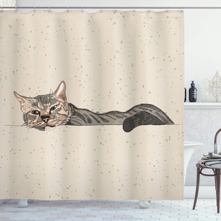 ABAKUHAUS Katze Duschvorhang, Lazt Sleepy Cat, Stoffliches Gewebe Badezimmerdekorationsset mit Haken, 175 x 180 cm, Beige Grau