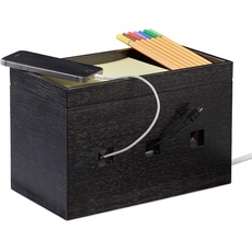 Bild Kabelbox Bambus, Steckdosenleiste & Kabel verstecken, Kabelmanagement Schreibtisch, 16,5x25,5x14cm, schwarz