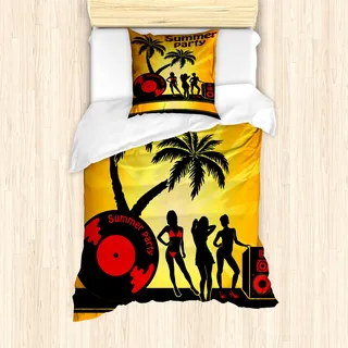 ABAKUHAUS Strand Mantele, Party Girls Vinyl Record, Milbensicher Allergiker geeignet mit Kissenbezügen, 135 cm x 200 cm - 80 x 80 cm, Orange Grau