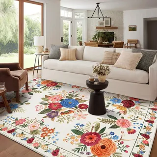 BYBSRLL Teppich Wohnzimmer 120x180cm, Vintage Blumenmuster, Waschbar & Rutschfester Boho Weich Kurzflor Teppiche Gegend für Schlafzimmer, Kinderzimmer, Gastzimmer, Esszimmer, Beige