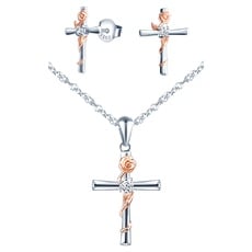Yumilok Damen Schmuckset Halskette Kette Ohrringe Set Zirkonia Kreuz Rose Halskette mit Ohrringe für Sie Geburtstags Valentinstag Muttertag