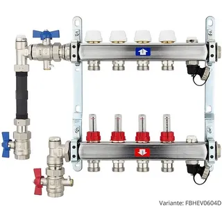 Fußbodenheizungsverteiler aus Edelstahl mit Topmeter für 4 Heizkreise - mit WMZ-Anschlussset 110 mm senkrecht