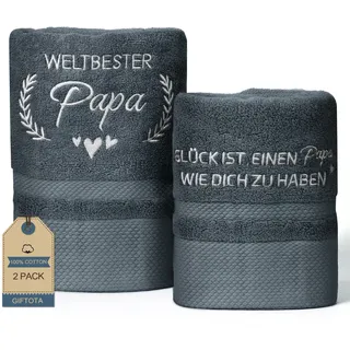 Giftota Papa Geschenk 2 teilig Handtuch Set 100% Baumwolle Bestickt Handtücher Grau, Geschenke für Papa zum Geburtstag Vatertag - Badehandtuch 50 x 100 cm + Handtuch 35 x 75 cm