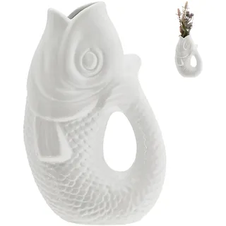 Vase Fisch 'Blubb' | 13,5x21x9cm Dolomit blau | Blumen Dekovase Fischform Fischmaul Griff | Gefäß für Blumen und Sträucher mit Gluckgeräuschen (1 x Vase weiß 21cm)