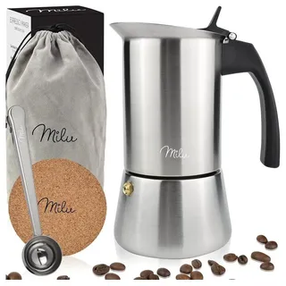 MILU Espressokocher Induktion geeignet | 2, 4, 6, 9 Tassen | Edelstahl Mokkakanne, Espressokanne, Espresso Maker Set inkl. Untersetzer, Löffel, Bürste (4 Tassen 200ml)