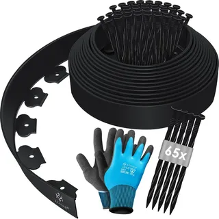 KESSER® Flexible Rasenkante aus Kunststoff Länge 10m Höhe 5cm, mit 50 Erdanker + Handschuhe, Beeteinfassung Beetumrandung Beetbegrenzung Mähkante Pflastersteine Palisade - Schwarz
