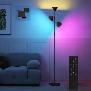 HOMCOM Stehlampe Wohnzimmer Dimmbar mit Leselampe, Stehleuchte RGB Farbwechsel mit Fernbedienung Touch-Steuerung 3 drehbare Köpfe 4150lm 2700K–6000K Standleuchte für Wohnzimmer Schlafzimmer