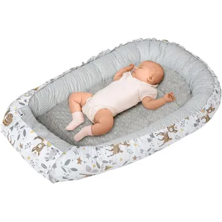 Medi Partners Babynest Nestchen für Neugeborene - 100x60x15 Babynestchen Baby zweiseitg Nest Bett 100% Baumwolle Minky Kuschelnest tragbar (REH mit Grauem Minky)