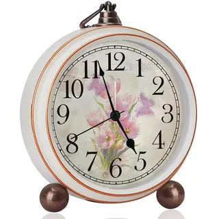 BVI BOOMERVIVI Tischuhr Analog 14 cm, Vintage Tischuhr ohne Ticken mit Lautlosem Uhrwerk, Batteriebetrieben, Klein Wecker mit Metallrahmen für Büro, Wohnzimmer, Schlafzimmer (Tulpe)