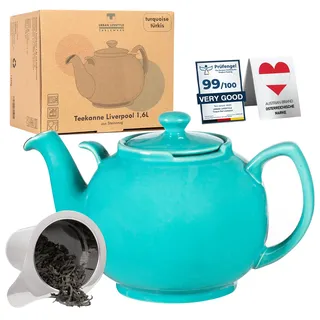 Urban Lifestyle Teekanne 1,6 L Türkis mit Siebeinsatz, Steinzeug Teekanne mit 304 Edelstahlfilter, tropffreie Teekanne für losen Tee und Teebeutel, spülmaschinenfest, für Stövchen geeignet Liverpool