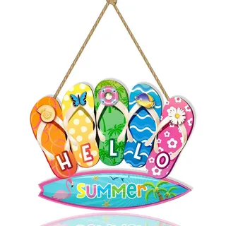 Hello Summer Hängende Türschild Dekor Sommer Tür Wanddekor Schild Türschild Rustikales aus Holz Hausschuhe Surfbrett Sommer Hängende Dekorationen für Indoor Outdoor Garten und Partydeko (A)