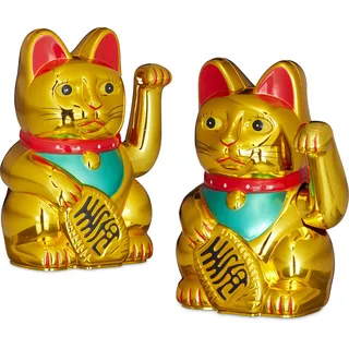 relaxdays 2 x Maneki Neko Winkekatze 16 cm - Gold