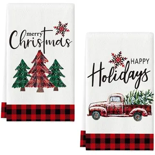 DHRUTI Truck Weihnachtsbäume Geschirrtücher Weihnachten Küchenhandtücher Geschirrtücher Baumwolle, 18 x 26 Inch Saisonale Merry Christmas Trockentuch - strapazierfähig, saugkräftig, 2er Set