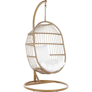 BELIANI Hängesessel mit Metallgestell Beige Rattan / Flechtseil 2 Kissen Hängestuhl Korb Schwebesessel Wohnzimmer Terrasse Balkon Modernes Design - Braun, Weiß