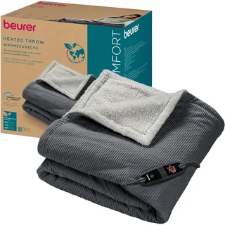 Beurer HD 80 Cord grau Heizdecke, kuschelige Wärmedecke mit 6 Temperaturstufen, recycelte Materialien, mit Abschaltautomatik und Sicherheitssystem, Kuscheldecke aus trendigem, weichem Cord-Stoff