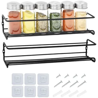 Joeji's Kitchen ﻿﻿﻿Joejis ﻿﻿2er Set Gewürzregal aus Metall - ﻿﻿Gewürzregal Wand Metall Ohne Bohren mit 8 Selbstklebende Haken und Schrauben, Spice Rack für Küche Schranktür, Schwarz