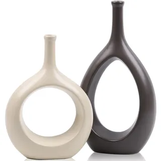 Braun-weiße Keramikvase, Heimdekoration, moderner, minimalistischer Kreis mit Loch, dekorative Vase, Hohle Ellipsenblumenvasen für Bücherregal, Kaminsims, Tafelaufsätze, Bauernhaus, rustikale