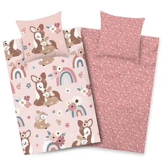 Aminata kids Bettwäsche 135x200 Baumwolle Kinder Mädchen REH-Kitz Waldtiere Tier-Motiv mit Regenbogen rosa braun YKK Reißverschluss