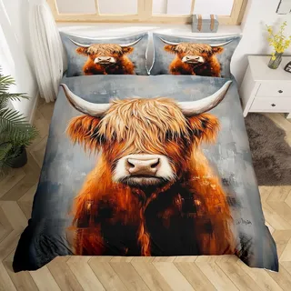richhome Highland Kuh, wendbar, Bettbezug 140 x 200 cm, Highland Rind, Bettwäsche, Innendekoration, Tiere, Set, Wildtiere, Bettbezug, Grau / Orange