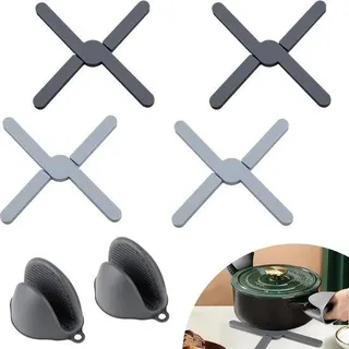 Unyqoos® Silikon-Untersetzer 4er-Set, hitzebeständig & faltbar, 1,3 cm dick, 19,5×19,5 cm aufgeklappt, inkl. 2 Ofenhandschuhe, spülmaschinenfest, schwarz/grau - Grau