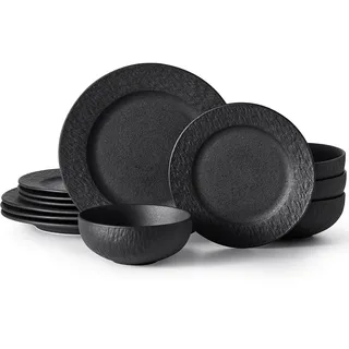 HIKAA Steinzeug Geschirrset Schwarz 4 Personen, 12-Teiligs Matte Teller Set, Hochwertiges Tafelservice Mikrowellen und Spülmaschinenfest, Kombiservice für Familienessen, Restaurants, Geschenke