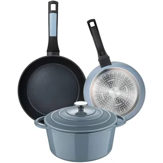 Set mit 2 Pfannen Ø 20 x 26 cm, gepresstes Aluminium + Kochtopf mit Deckel Ø 25,5 x 12 cm (5 l) aus Gusseisen, Farbe Naia Blau San Ignacio