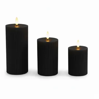 Relaxdays LED Kerzen, 3er Set, 3 Größen, flackernde Flamme, Echtwachs, mit Rillen, flammenlose Elektrokerzen, schwarz