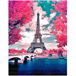DCIDBEI Square Diamond Painting Quadratische Steine 40x50cm Full DIY 5D Diamant Painting Bilder Erwachsene Leinwan Groß Diamant Malerei Malen nach Zahlen Landschaft Eiffelturm Paris Kirschblüten