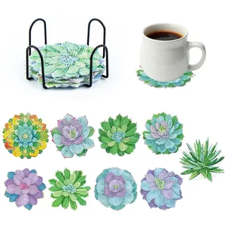 Diamond Painting Untersetzer,Untersetzer Gläser mit Halter,Diamond Painting rutschfest für Anfänger,Erwachsene & Kinder,Schöne Florale Muster, 9 Stück