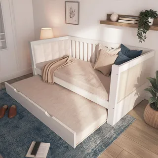 Tagesbett 90x190 cm mit Ausziehbett 90x190, Platzsparendes Design, Holz, Weiß, Ideal für kleine Apartments oder Gästezimmer, Lattenrost