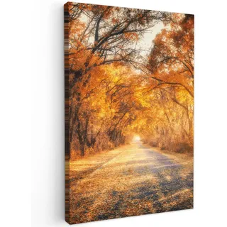 MuchoWow Leinwandbild Wald - Herbst - Bäume - Waldweg - Natur Deko Groß 90x140 cm , Bernsteinfarben , Textil , Kiefer , Rechteckig , 90x140 cm , FSC 100% , gerahmt , Bilder & Rahmen, Bilder, Leinwandbilder